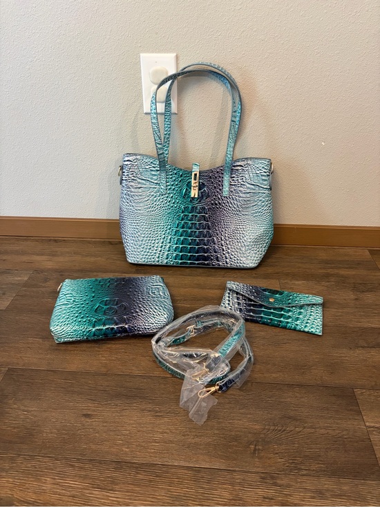 Handbags - 3 Piece Blue Ombré Faux Crocodile Purse, Wallet & Small Bag w/ Crossbody Strap